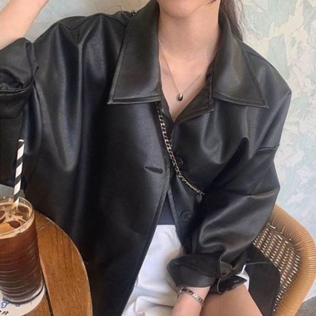 자켓 점퍼 넥 여성 오버핏 자 레더 바이크 카