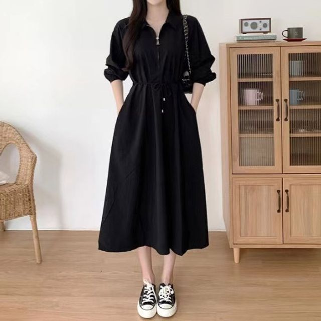 소매 허리 밴딩 집업 카라 A라인 롱 원피스 2컬러