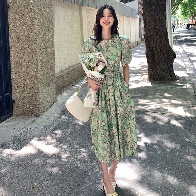 여름 데일리룩 여행룩 퍼프소매 플라워 롱 원피스