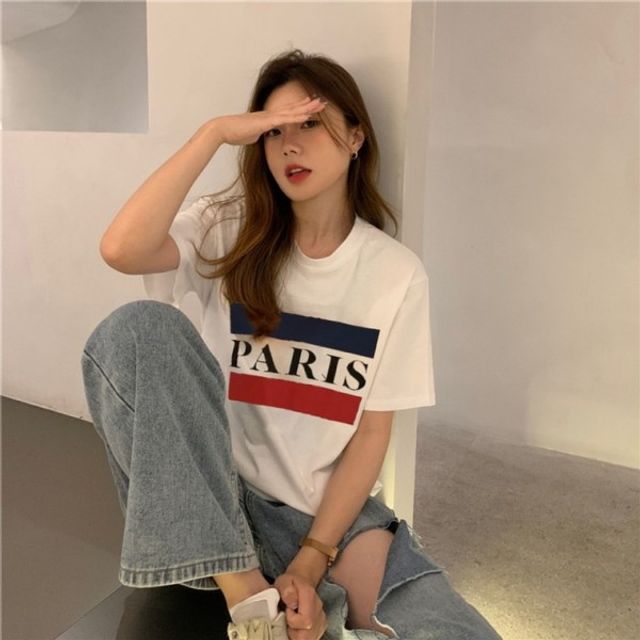 100 순면 보세 기본 오버핏 데이 Paris 여성 반팔티