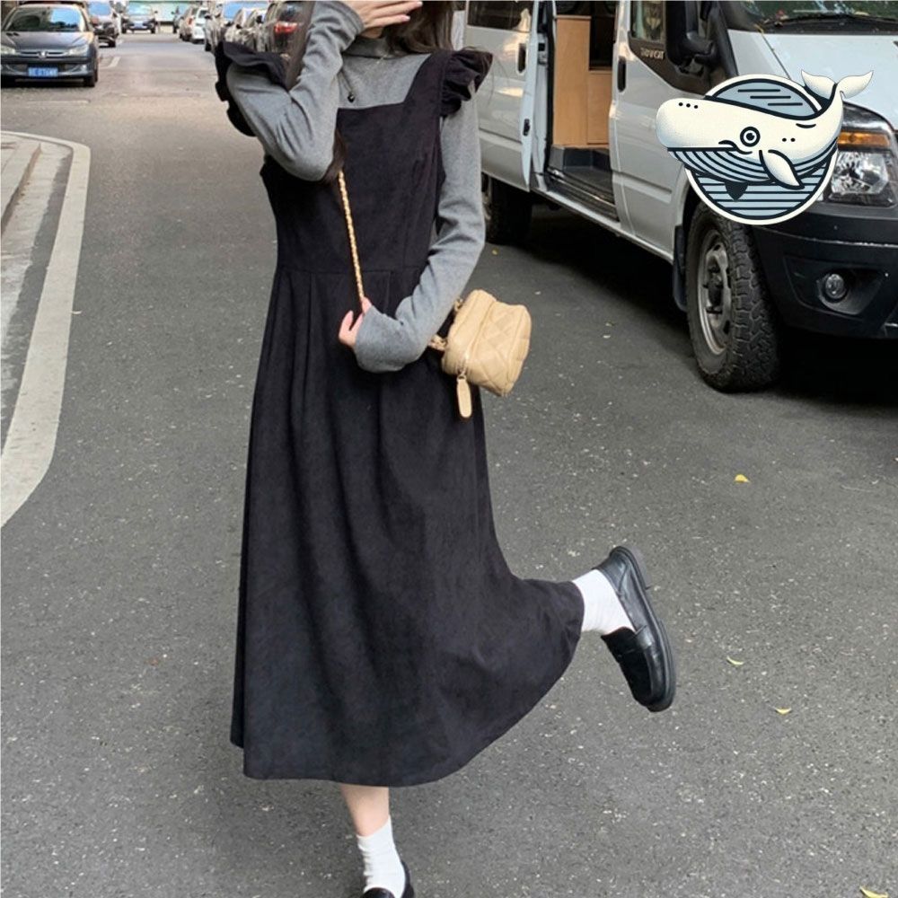 블랙 코듀로이 뷔스티에 원피스 어깨프릴 A라인
