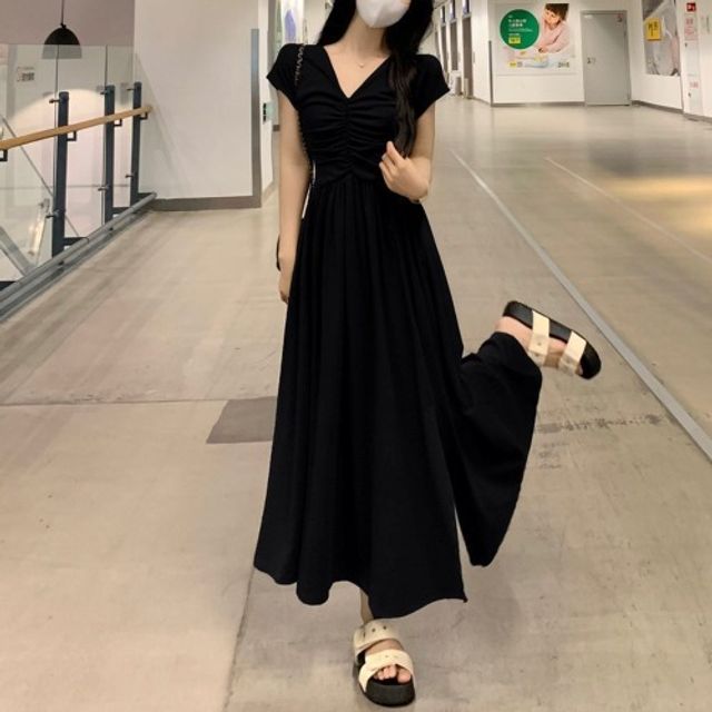 여성 브이넥 셔링 옆트임 체형커버 원피스 2컬러