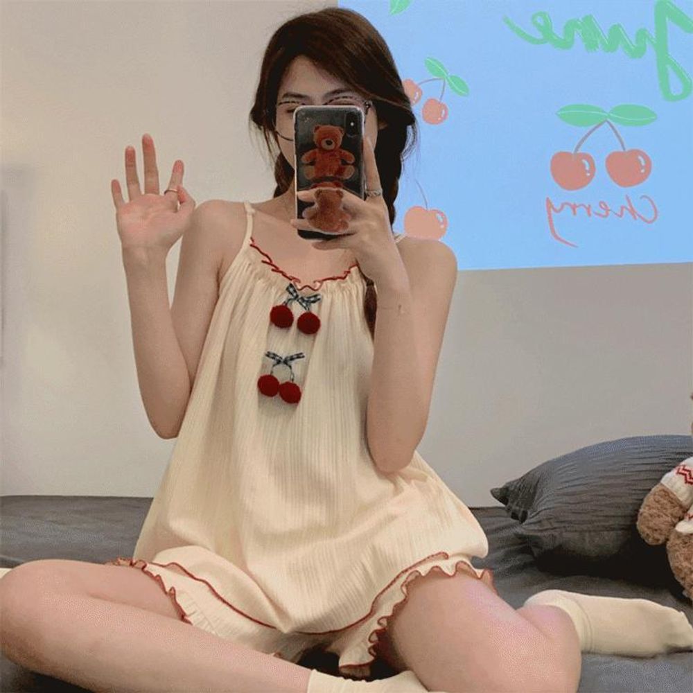 나시 체리 여름 파자마 세트 홈웨어 여성 방울 반팔