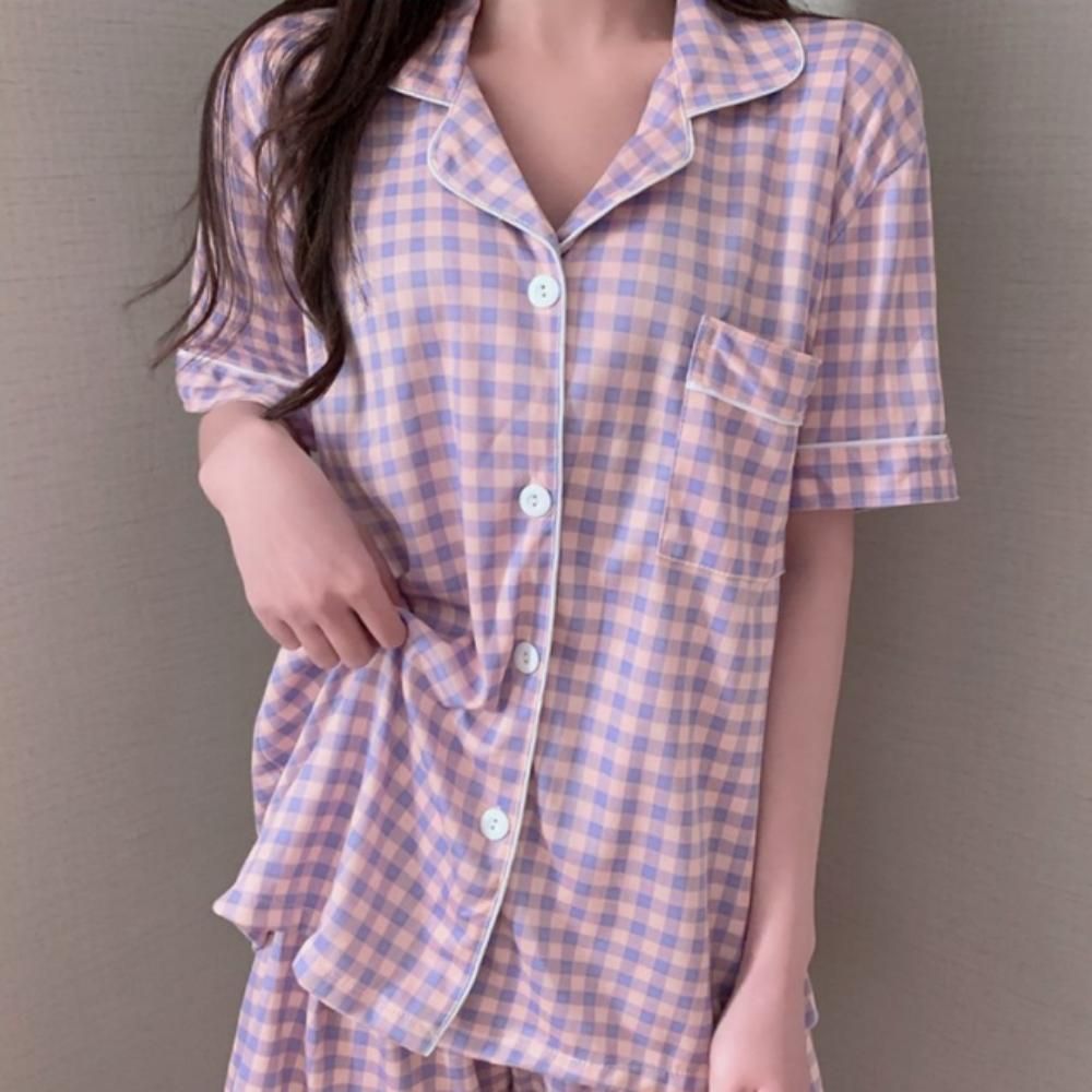 홈웨어 파자마 잠옷 여성 여름 2p 라벤더 타탄블라썸