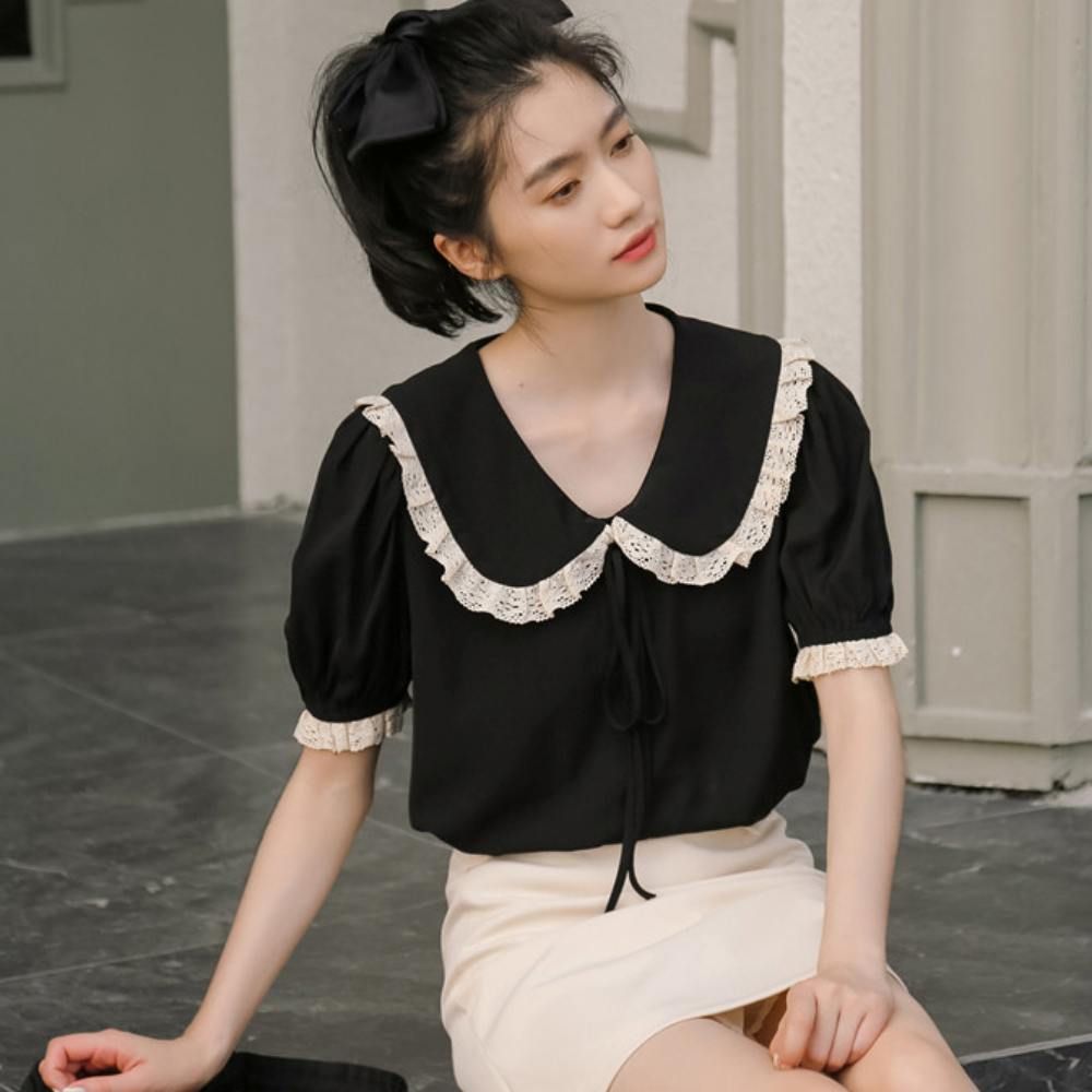 여성 여름 러블리 레이스 카라 리본 데이트 블라우스