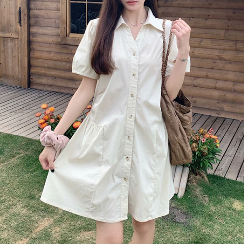 셔링디테일 브이넥카라 루즈핏 셔츠원피스 데일리룩