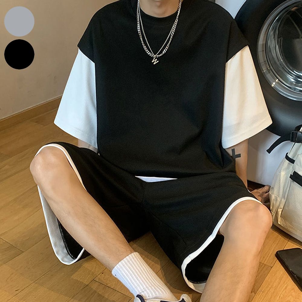 남자 배색 와플 반팔 레이어드 반바지 트레이닝복세트