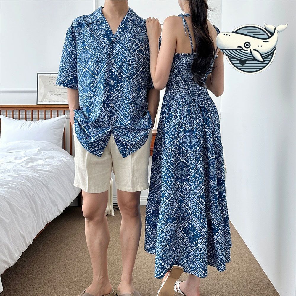 여름 바캉스 커플 원피스 블루 셔츠 비치웨어