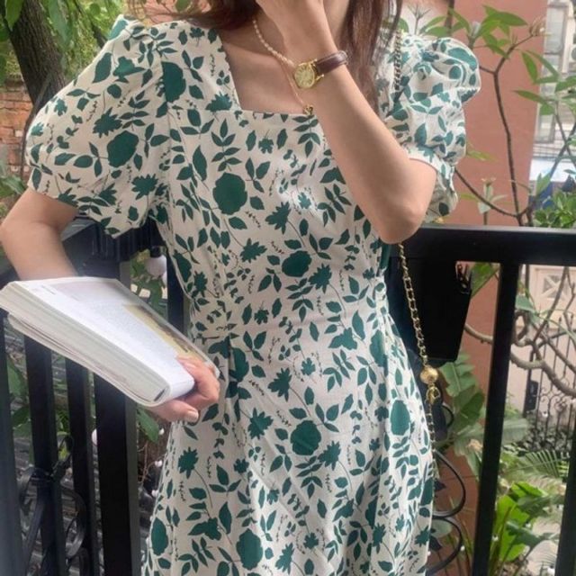 나뭇잎 롱원피스 스퀘어넥 기본 퍼프소매 데이 셔링