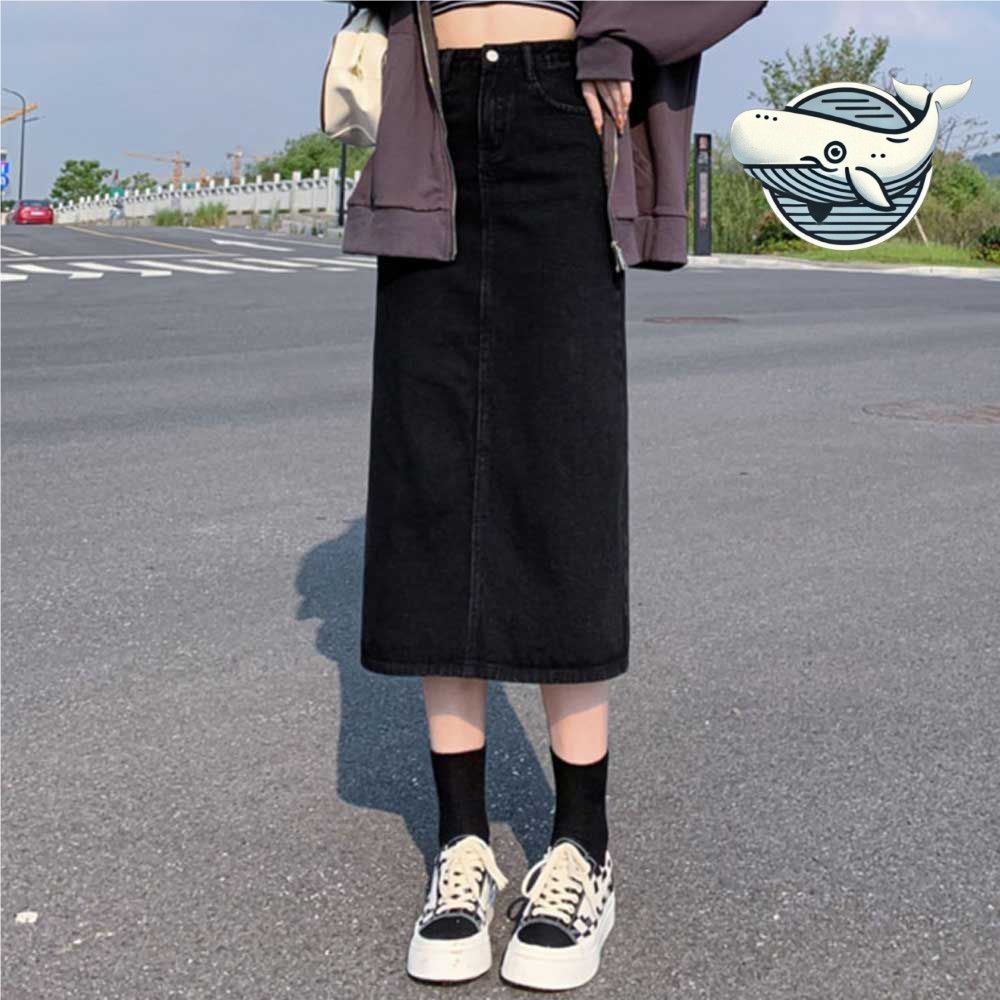 편안한 뒷트임 블랙 데님 롱스커트 허리조절