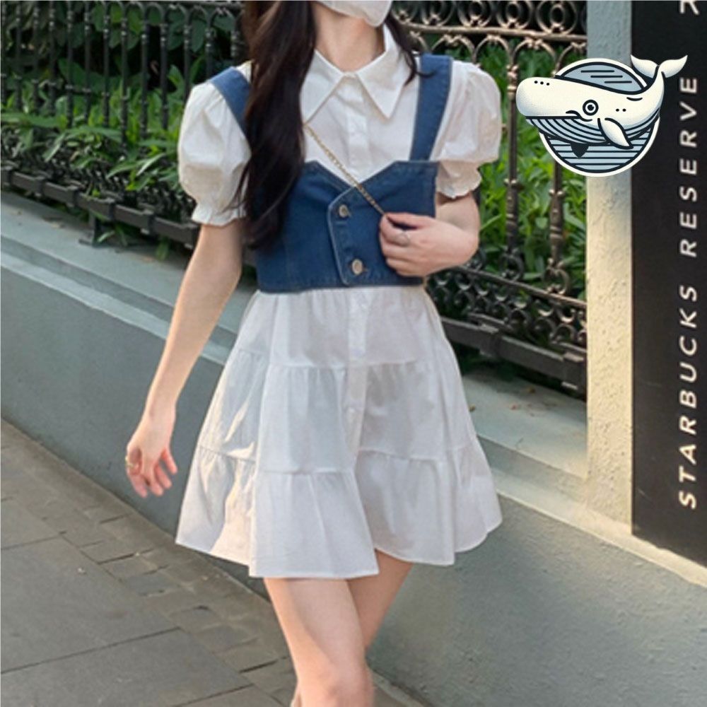 데님 퍼프소매 미니원피스 여성 귀여운 여름