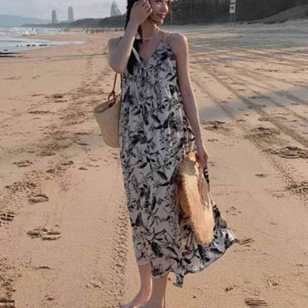 여성 플라워 V넥 나시 롱원피스 화이트 1P 비치 휴가