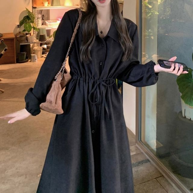 코듀로이 셔츠 원피스 카라넥 소매 밴딩 허리 스트링