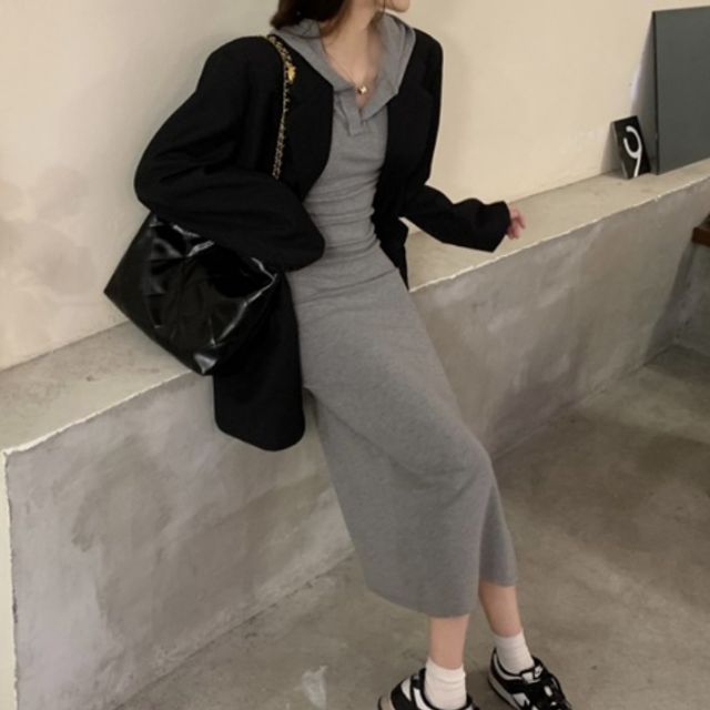 여성 슬림핏 브이넥 후드 원피스 캐주얼 롱원피스