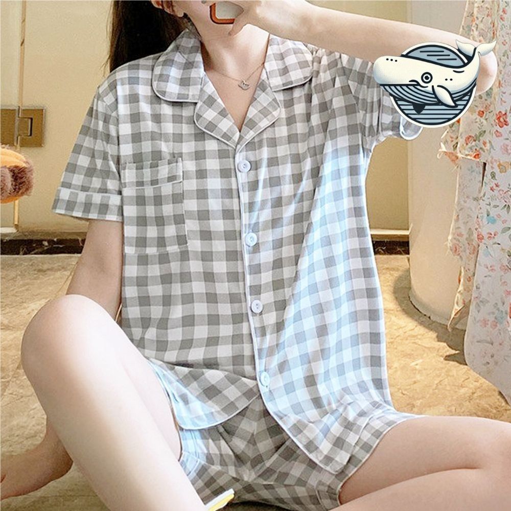 여름 체크 반팔 잠옷 그레이 여성용 편안한