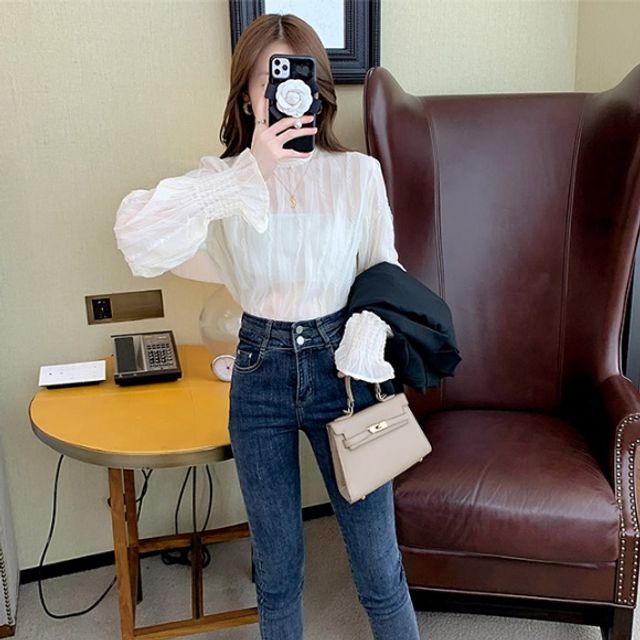 여리여리 소매 스모크밴딩 시스루 망사 물결 블라우스