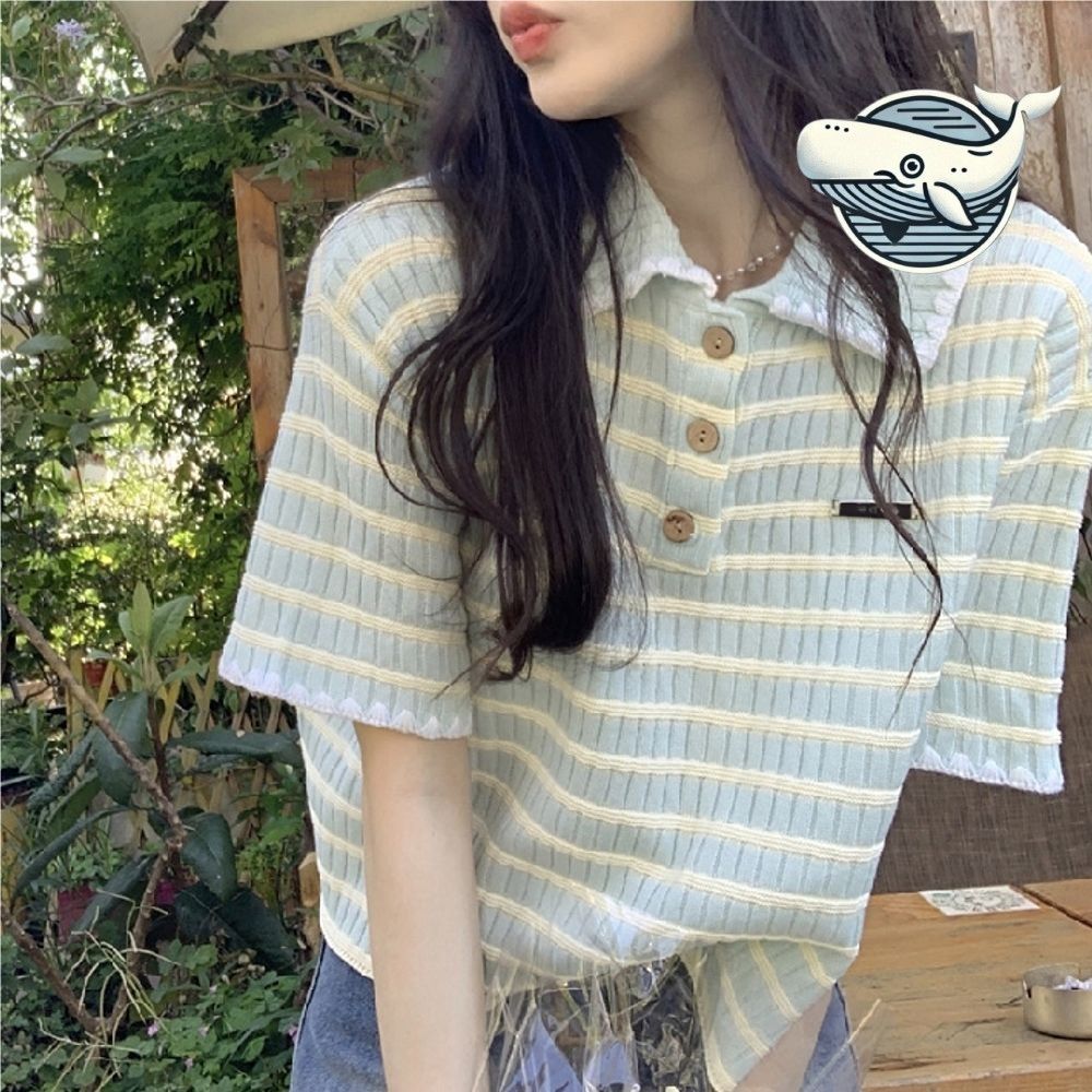 여성 여름 카라 반팔티 단추 단가라 스트라이프