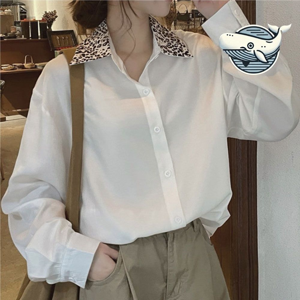 여성용 레오파드카라 화이트 블라우스 소프트