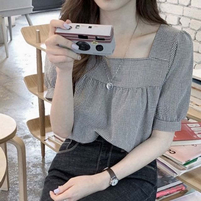 체크 반팔 여자 기본 티셔츠 데이 스퀘어넥 여름 셔링