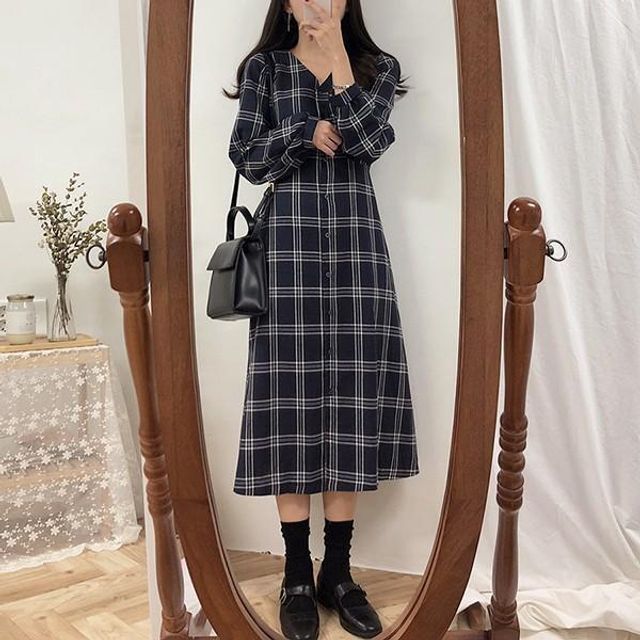 캐주얼 여성 베이직 체크패턴 롱원피스 6N