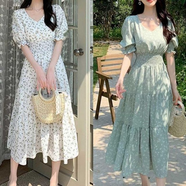 플라워 쉬폰 원피스 기본 퍼프소매 데이 A라인 캉캉