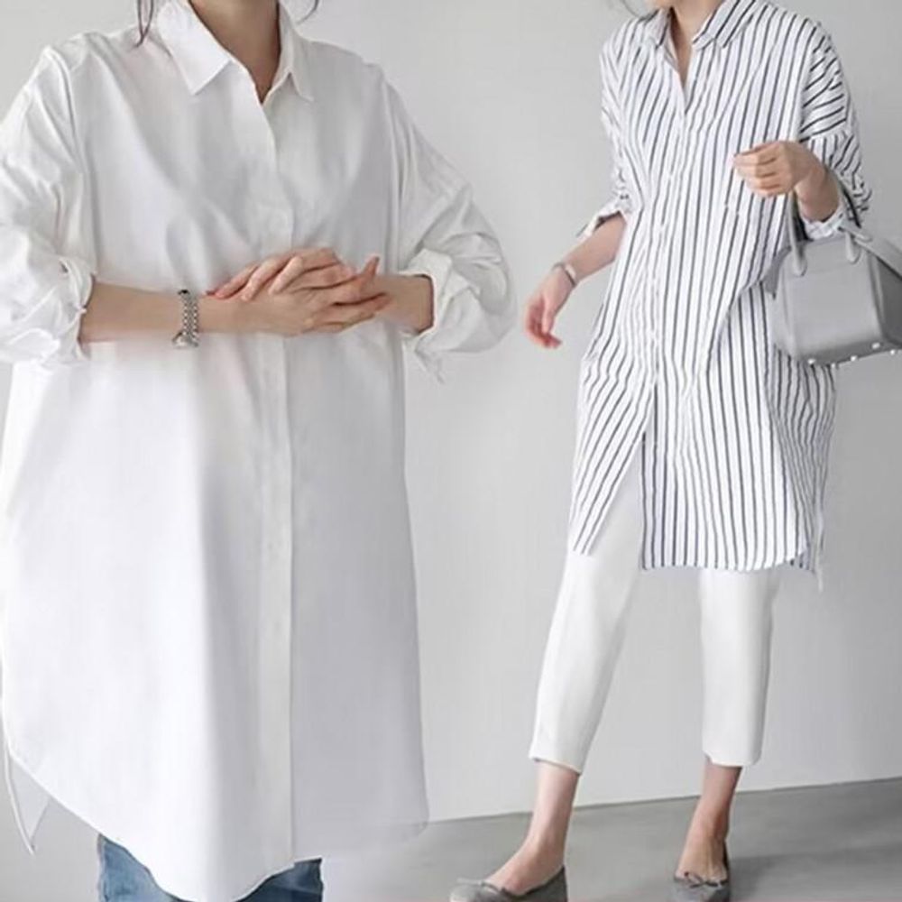 여성 오버핏 셔츠 롱 블라우스 가을 봄남방 화이트셔