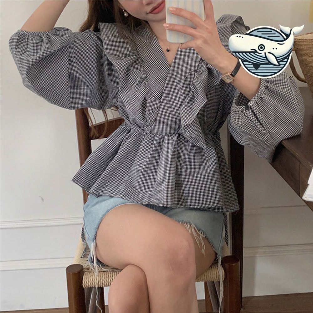 여성 스타일리시 체크 블라우스 프릴 플레어