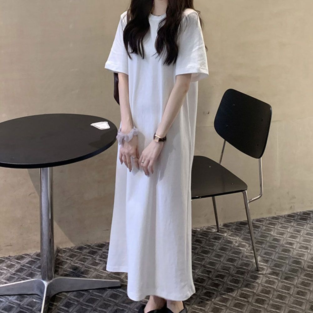 라운드 심플 반팔 롱원피스 라운드넥 일반핏 캐주얼