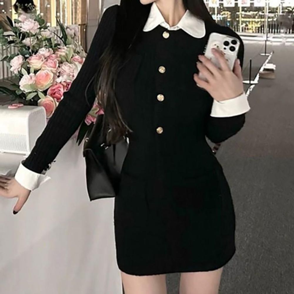 레이어드 봄 금장 카라 스판 가을 블랙 원피스 결혼식