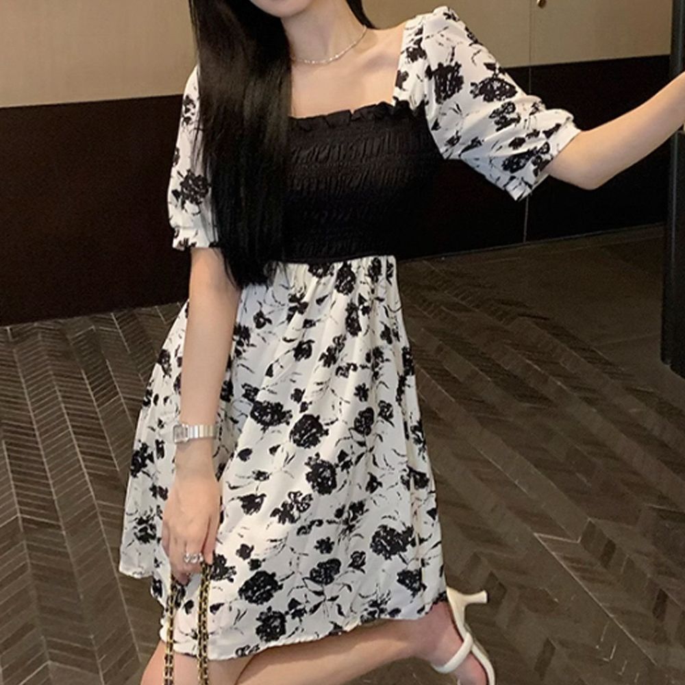 검정 장미 무늬 스퀘어넥 라인 여름 원피스 단정한룩