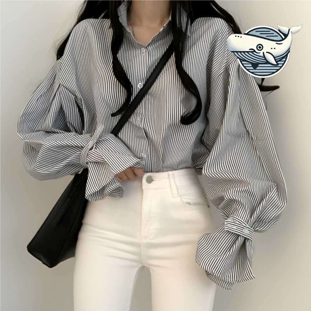 벌룬소매 스트라이프 블라우스 데일리 데이트