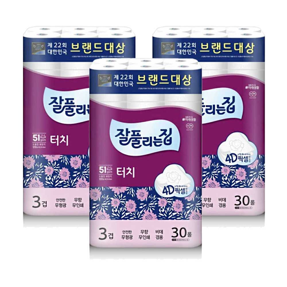 잘풀리는집 터치 3겹 30롤 휴지x3개