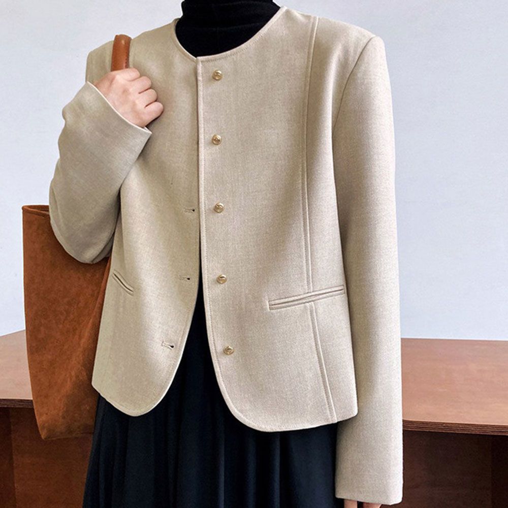 모던 노카라 라운드 긴팔자켓 세미크롭 골드버튼 자켓