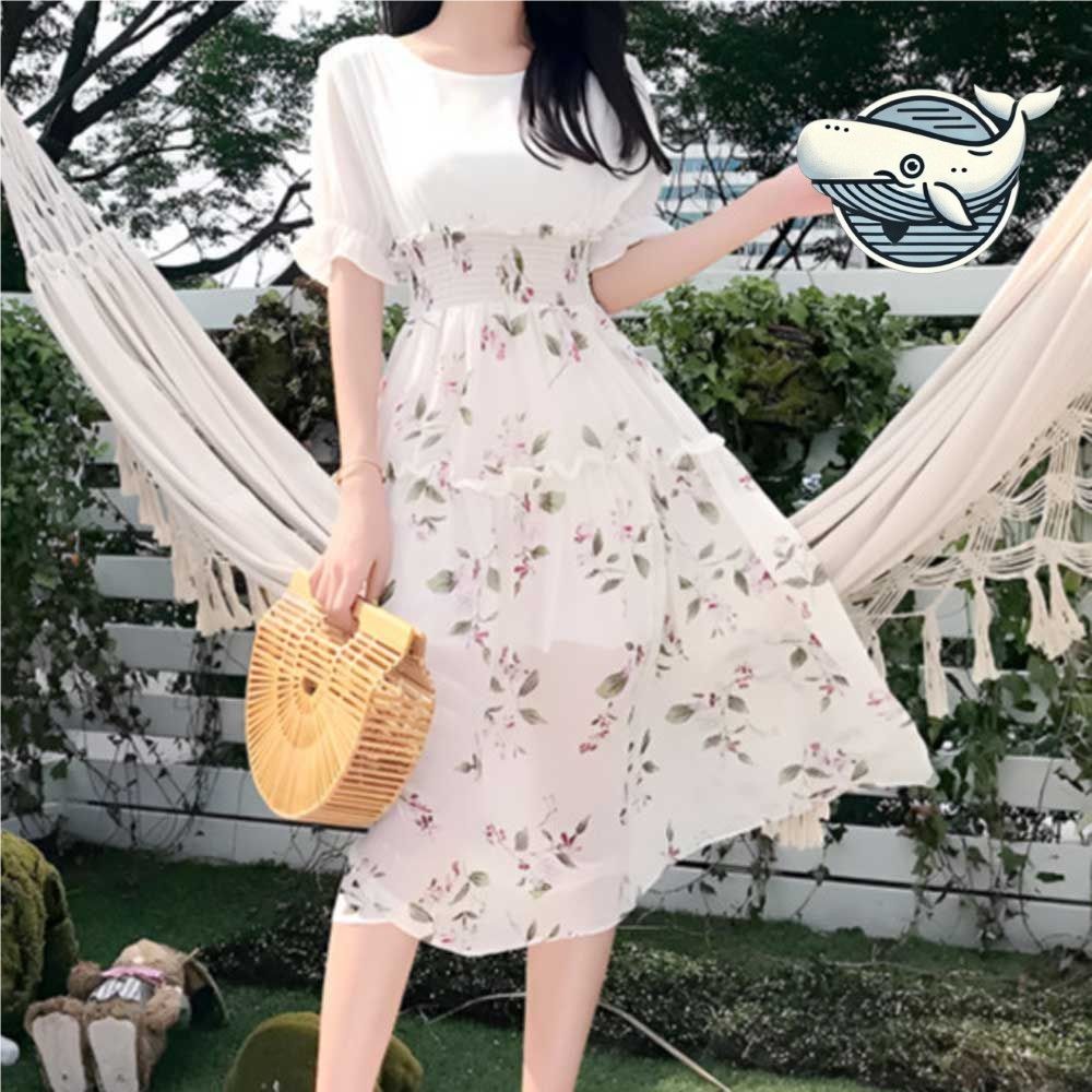 플라워 쉬폰 롱 원피스 하이웨스트 카라넥