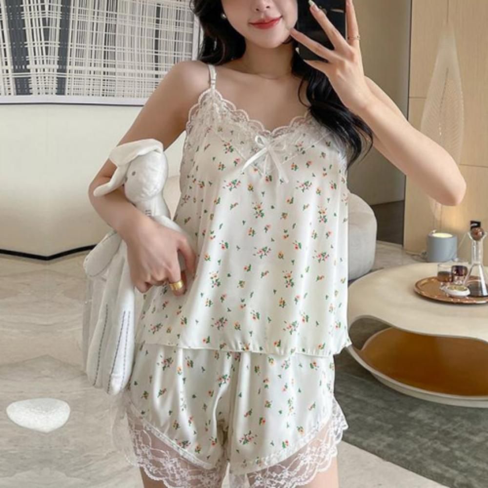 여성 여름 레이스 플라워 민소매 잠옷 파자마 홈웨어
