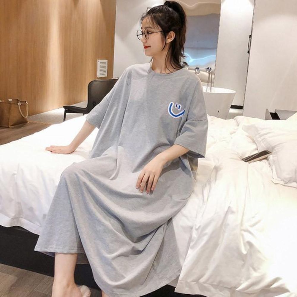 홈웨어 반팔 체형커버 옆트임 원피스 오버핏