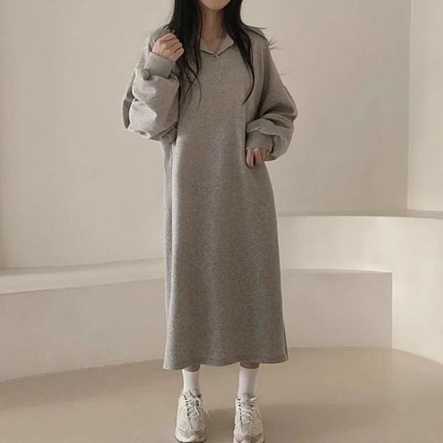 여성 기모 베이직 카라 오버핏 롱원피스 L