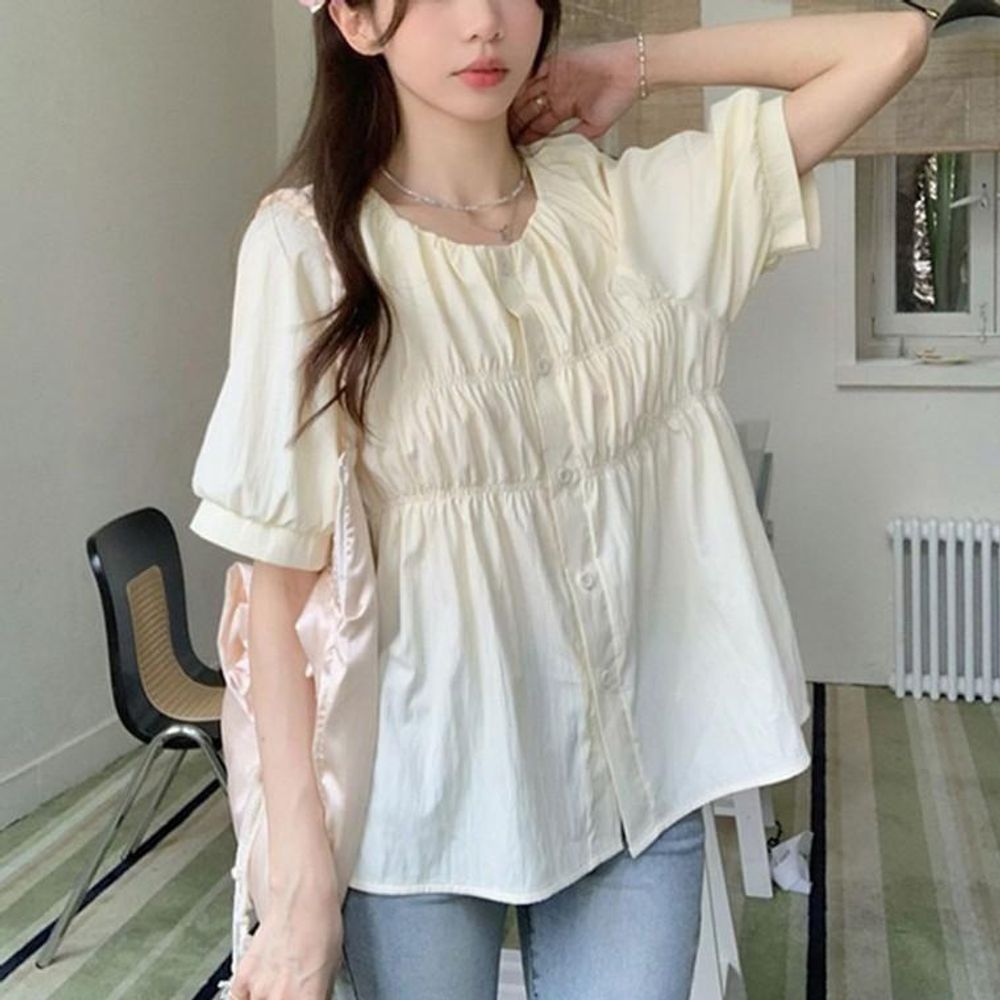 여성 여름 노카라 셔링 반팔 셔츠 1P 플레어 블라우스