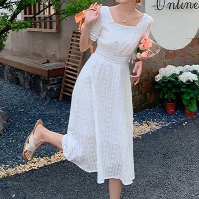 플라워 화이트 A라인 기본 원피스 데이 스퀘어넥 소매
