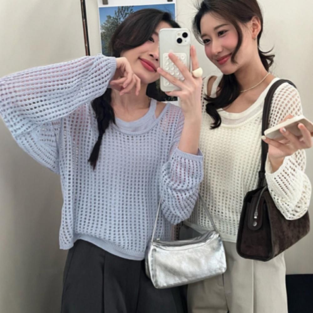 여성 여름 오버핏 데일리 레이어드 펑칭 그물 긴팔 니