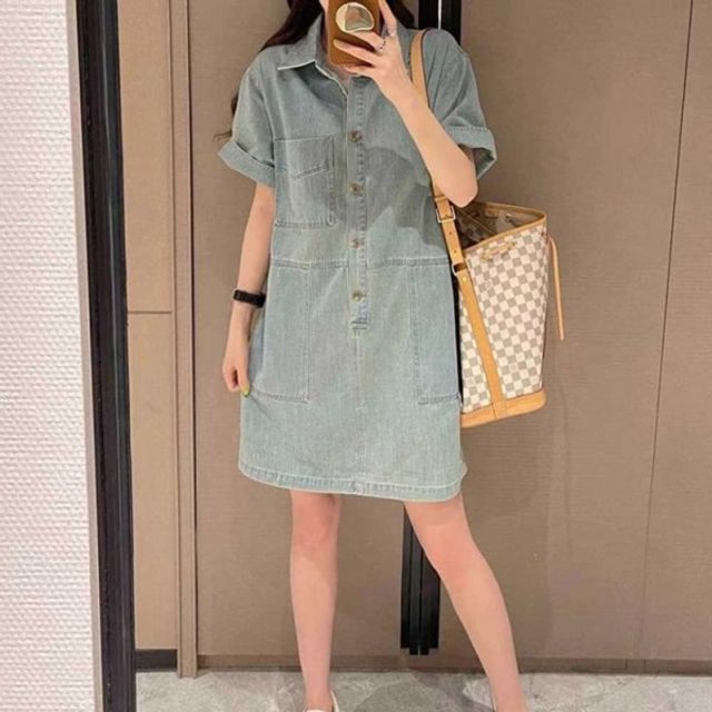 데님 카라넥 원피스 기본 일자핏 데이 미니기장 여유