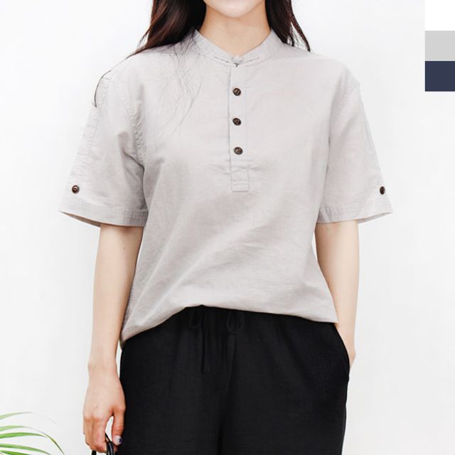 여성상의 린넨여자차이나헨리넥반팔티셔츠