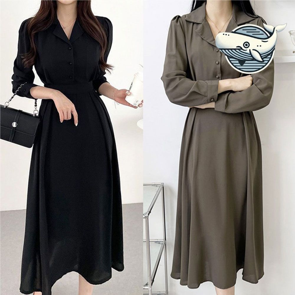 세련된 카라 브이넥 롱원피스 오피스 룩 데일리