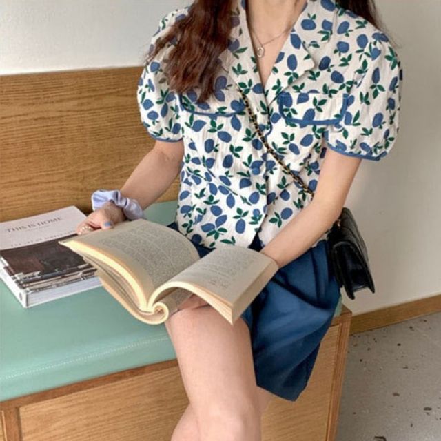 플라워 반팔 패턴 기본 반바지 데이 셋업 퍼프