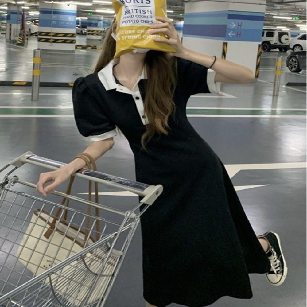 여성 반팔 카라배색 롱원피스 셔링퍼프소매 원피스