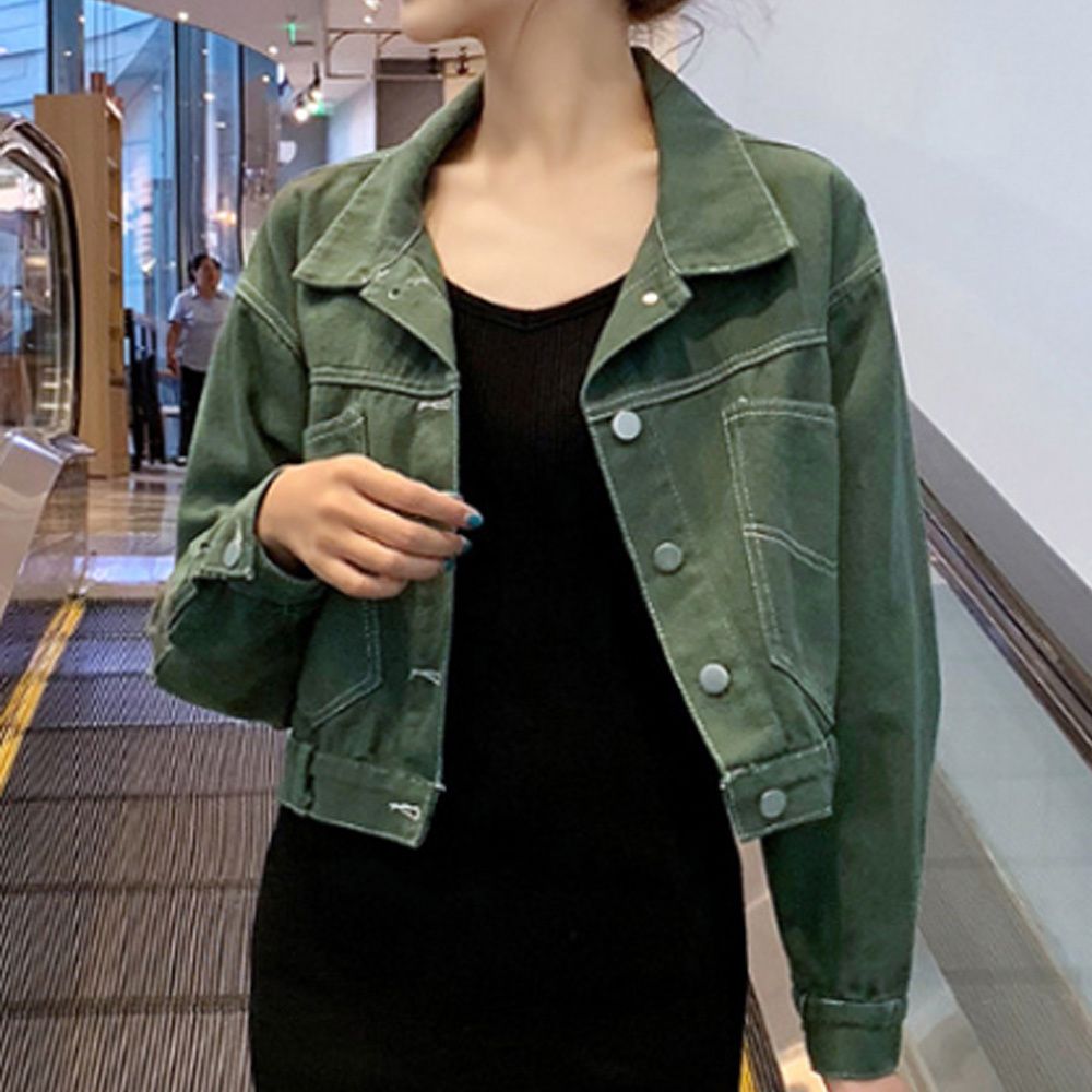 여성 데이트 코디 스티치 세미 크롭 데님 자켓 점퍼