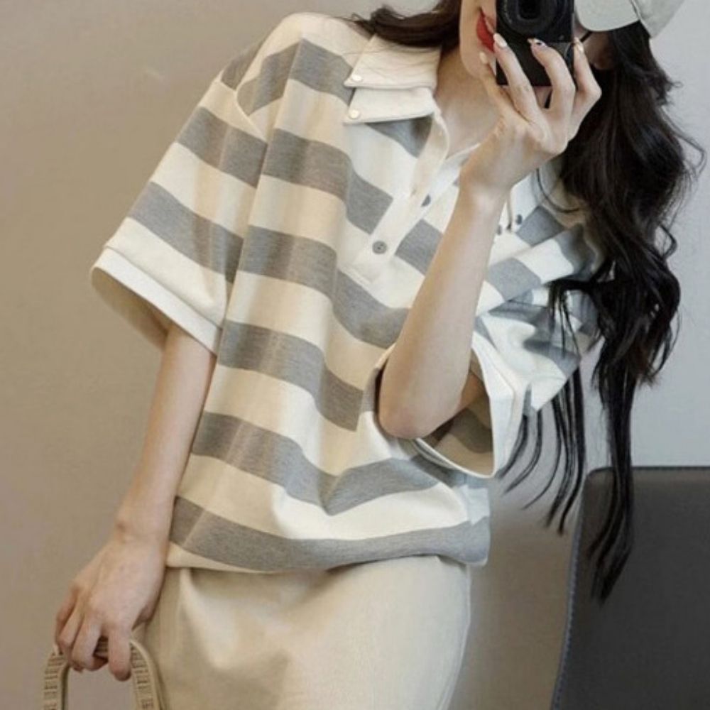 러블리 캐주얼 여성 스트라이프 더블 카라 반팔