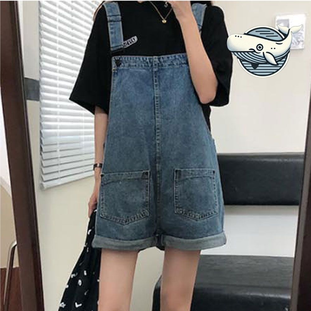 루즈핏 데님 멜빵 반바지 캐주얼 하프팬츠 앞뒤