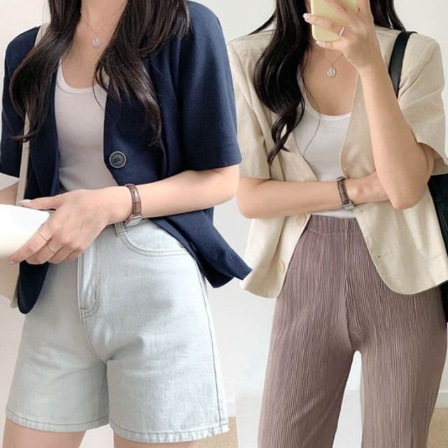 반팔단추자켓 반팔자켓 트위드자켓 노카라반팔자켓