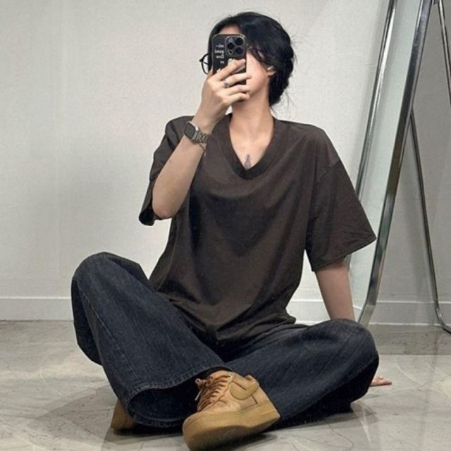 여성 브이넥 오버핏 기본 반팔 데이 박스 티 여자 V넥